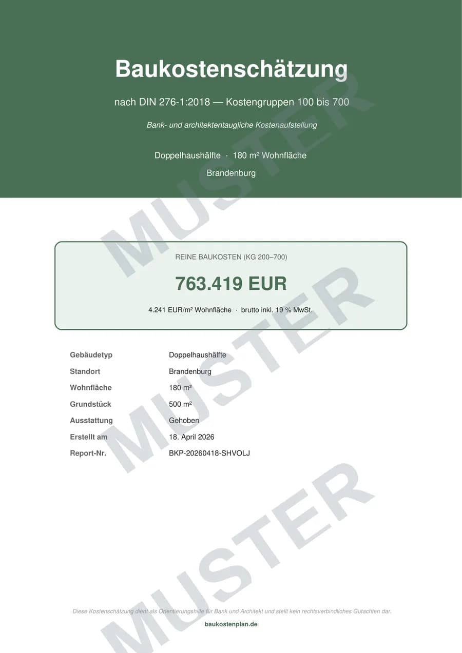 Muster-Deckblatt der Baukostenschätzung nach DIN 276