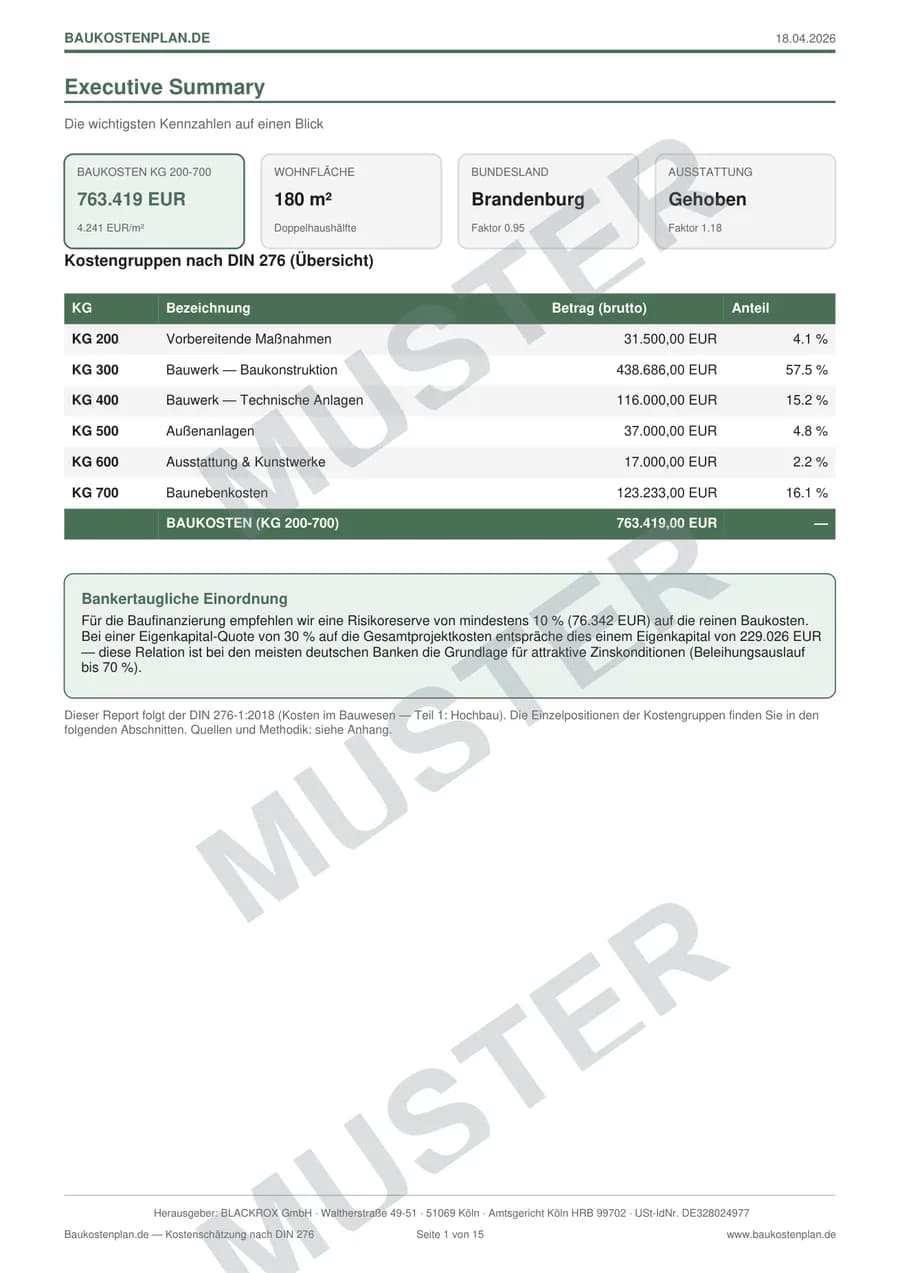 Muster-Seite aus dem Baukostenplan-PDF: Executive Summary